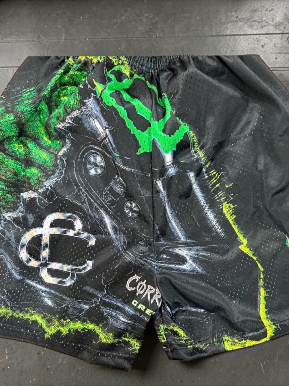 Men's Black & Neon Green Graphic Athletic Shorts - Corruptive Creative - XL NWT